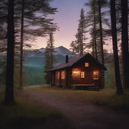 A captivating cover image of a rustic cabin nestled in the woods, with distant silhouettes of a man and a woman standing together