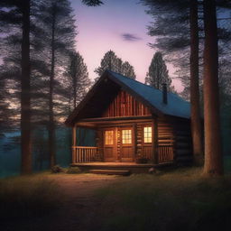 A captivating cover image of a rustic cabin nestled in the woods, with distant silhouettes of a man and a woman standing together