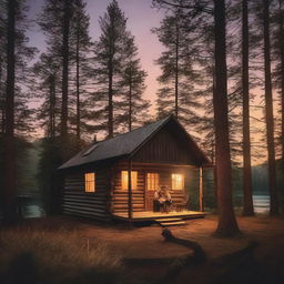 A captivating cover image of a rustic cabin nestled in the woods, with distant silhouettes of a man and a woman standing together