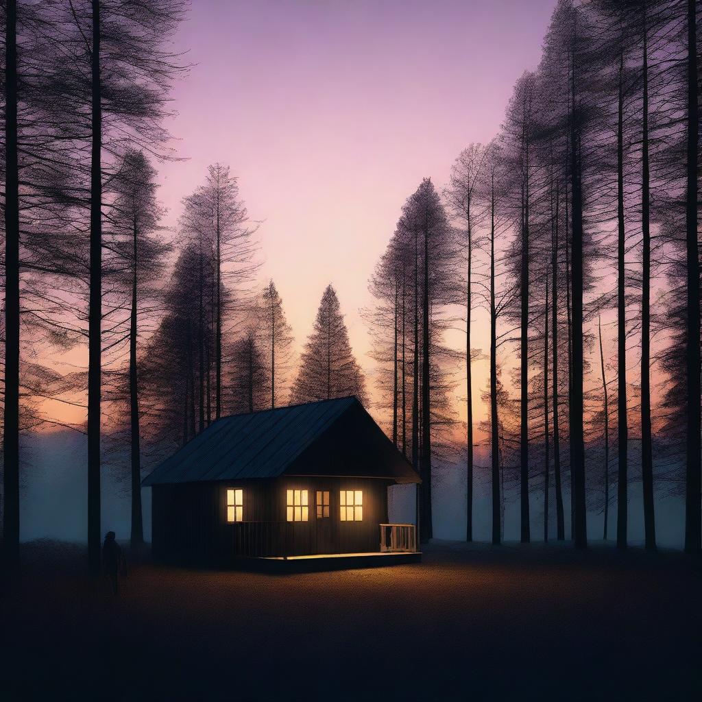 A captivating cover image of a solitary cabin in the woods, with the silhouettes of a man and a woman standing nearby