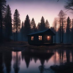 A captivating cover image of a solitary cabin in the woods, with the silhouettes of a man and a woman standing nearby