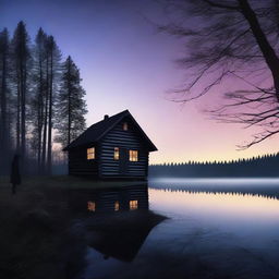 A captivating cover image of a solitary cabin in the woods, with the silhouettes of a man and a woman standing nearby