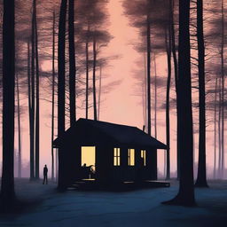 A captivating cover image of a solitary cabin in the woods, with the silhouettes of a man and a woman standing nearby