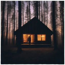 A captivating cover image of a rustic cabin in the woods, with the silhouette of a woman standing in front of a window