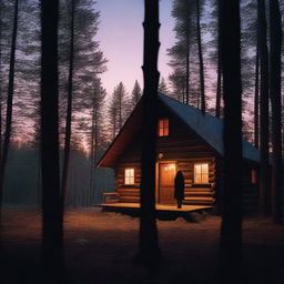 A captivating cover image of a rustic cabin in the woods, with the silhouette of a woman standing in front of a window