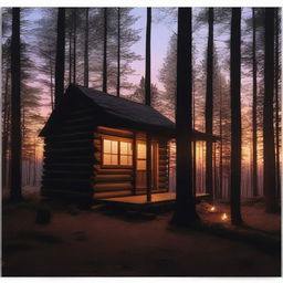 A captivating cover image of a rustic cabin in the woods, with the silhouette of a woman standing in front of a window