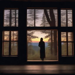 A captivating cover image of a rustic cabin in the woods, with the silhouette of a woman standing in front of a window