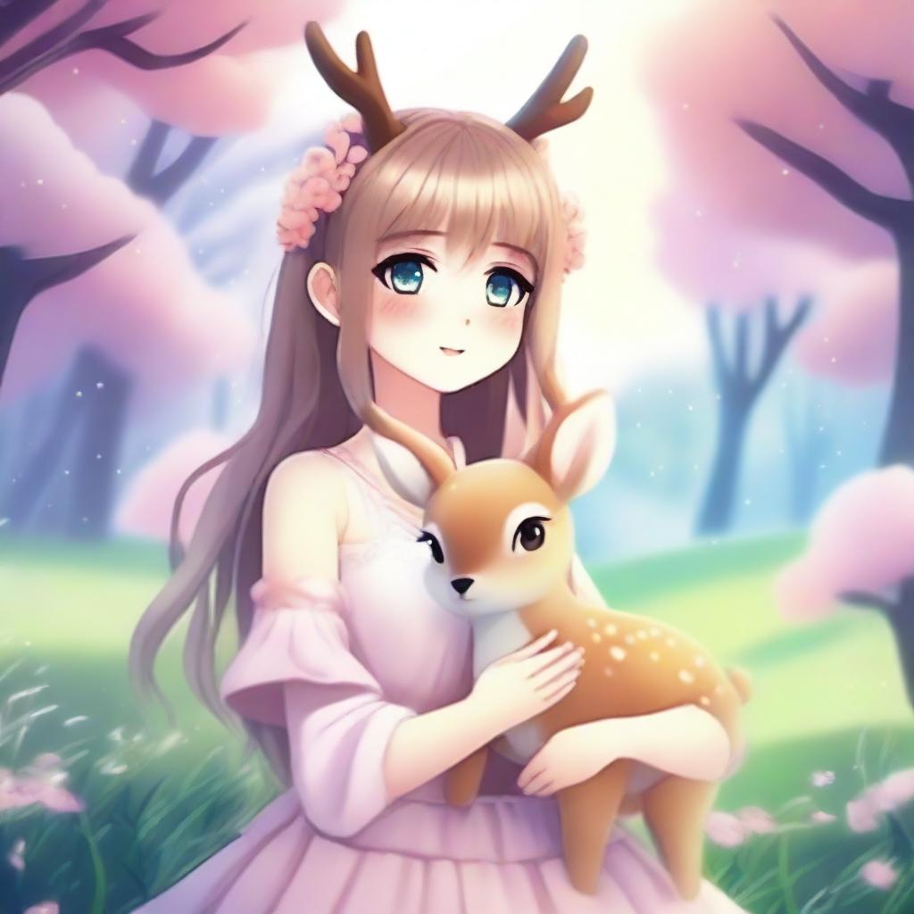 Create an image of an anime-style fantasy girl holding a soft toy in the shape of a deer