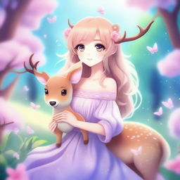 Create an image of an anime-style fantasy girl holding a soft toy in the shape of a deer