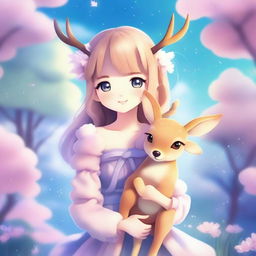 Create an image of an anime-style fantasy girl holding a soft toy in the shape of a deer