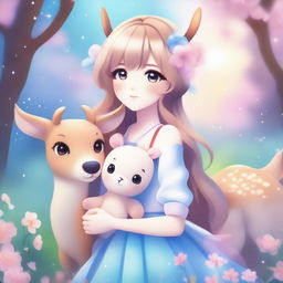 Create an image of an anime-style fantasy girl holding a soft toy in the shape of a deer