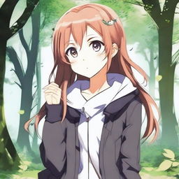 Create an image of an anime-style fantasy girl with long hair wearing a jacket