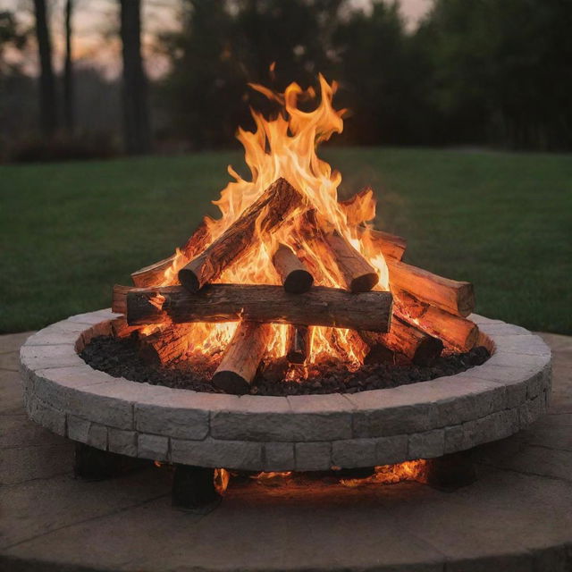 A mesmerizing bonfire raging in a fire pit, casting a warm and enchanting glow all around