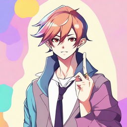 Create an image of a fantasy anime-style guy with a playful and mischievous expression, sticking his finger in his nose