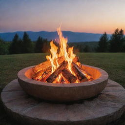 A mesmerizing bonfire raging in a fire pit, casting a warm and enchanting glow all around