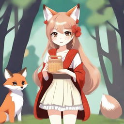 Create an image of a fantasy anime-style fox girl holding a small knitted purse