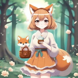 Create an image of a fantasy anime-style fox girl holding a small knitted purse