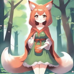 Create an image of a fantasy anime-style fox girl holding a small knitted purse