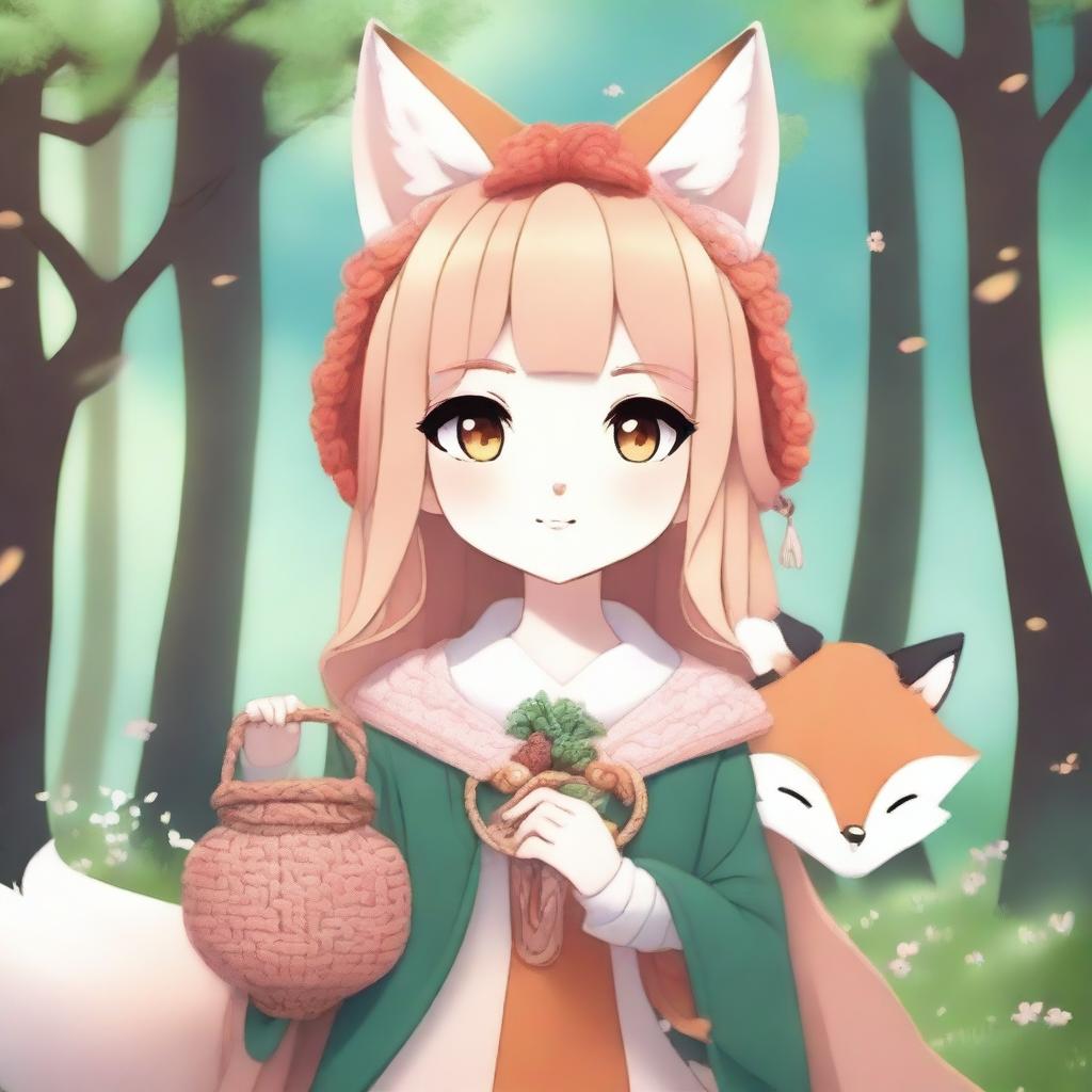 Create an image of a fantasy anime-style fox girl holding a small knitted purse