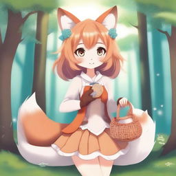 Create an image of a fantasy anime-style fox girl holding a small knitted purse