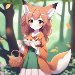 Create an image of a fantasy anime-style fox girl holding a small knitted purse