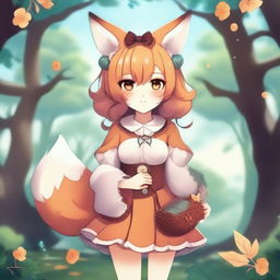 Create an image of a fantasy anime-style fox girl holding a small knitted purse