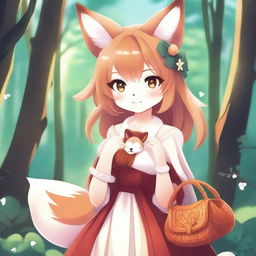 Create an image of a fantasy anime-style fox girl holding a small knitted purse