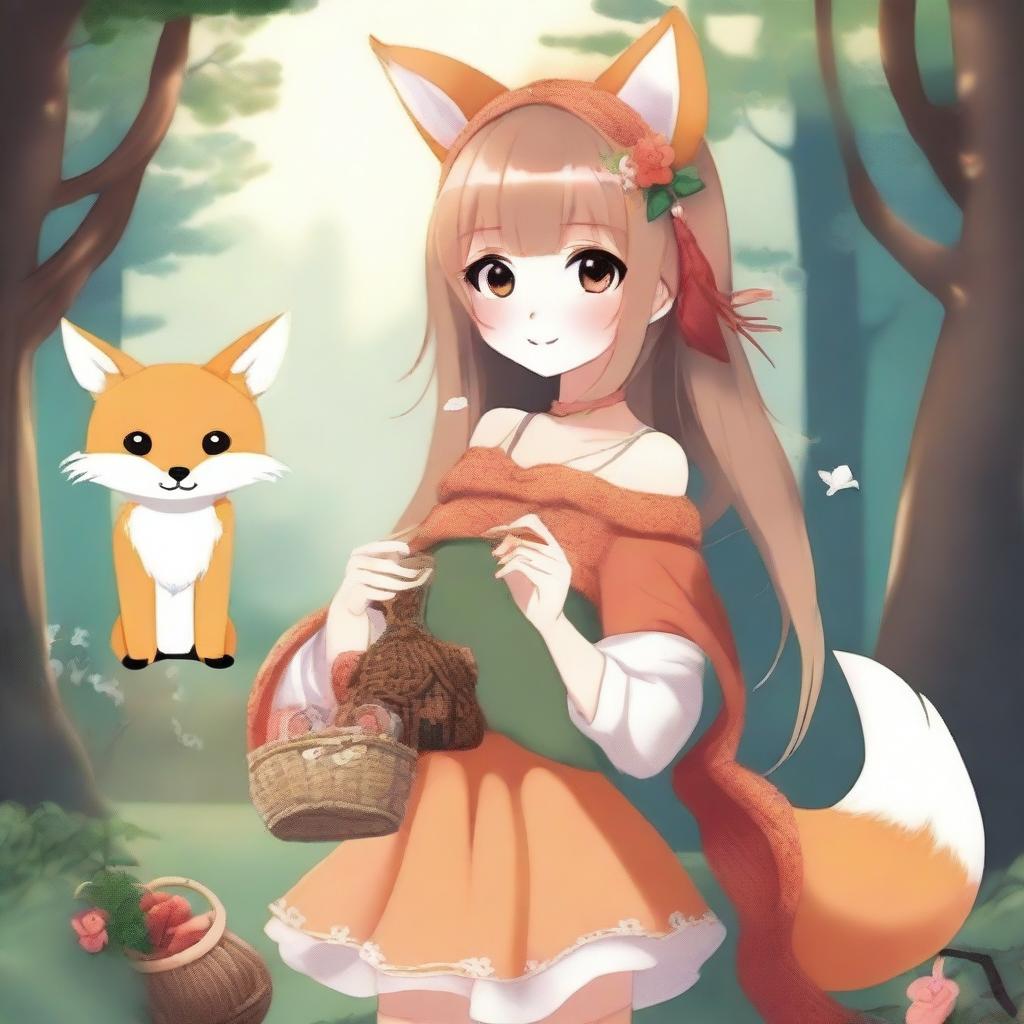 Create an image of a fantasy anime-style fox girl holding a small knitted purse