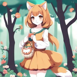 Create an image of a fantasy anime-style fox girl holding a small knitted purse