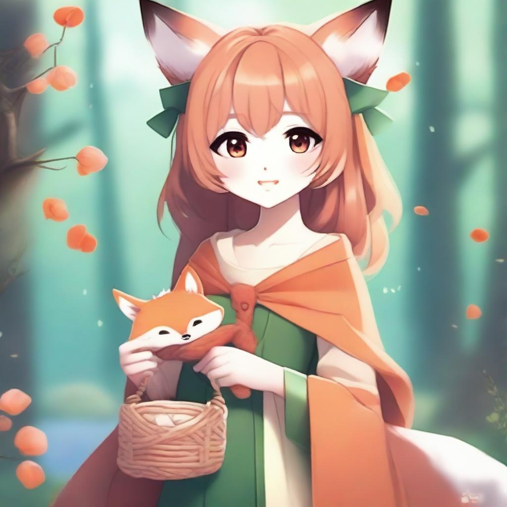 Create an image of a fantasy anime-style fox girl holding a small knitted purse