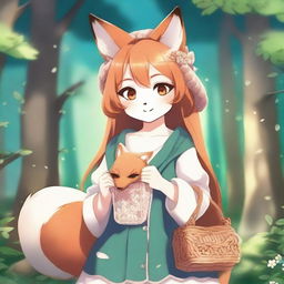 Create an image of a fantasy anime-style fox girl holding a small knitted purse