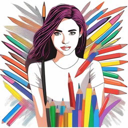 Create an image of a girl wearing a white top, holding or surrounded by various colorful pens