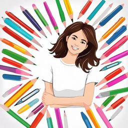 Create an image of a girl wearing a white top, holding or surrounded by various colorful pens