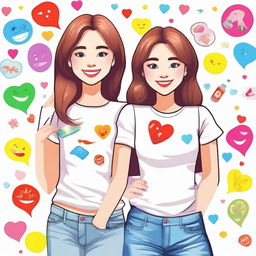 Create an image of a girl wearing a white top, holding or surrounded by various colorful stickers