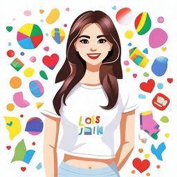 Create an image of a girl wearing a white top, holding or surrounded by various colorful stickers