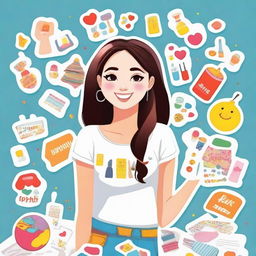 Create an image of a girl wearing a white top, holding or surrounded by various colorful stickers