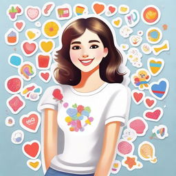 Create an image of a girl wearing a white top, holding or surrounded by various colorful stickers