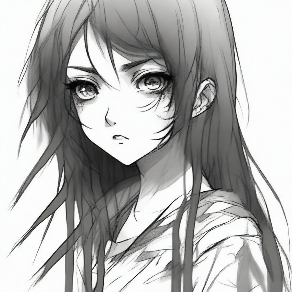 Create a pencil art image of an anime girl in a horror theme