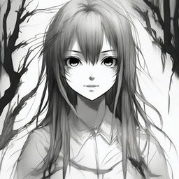 Create a pencil art image of an anime girl in a horror theme