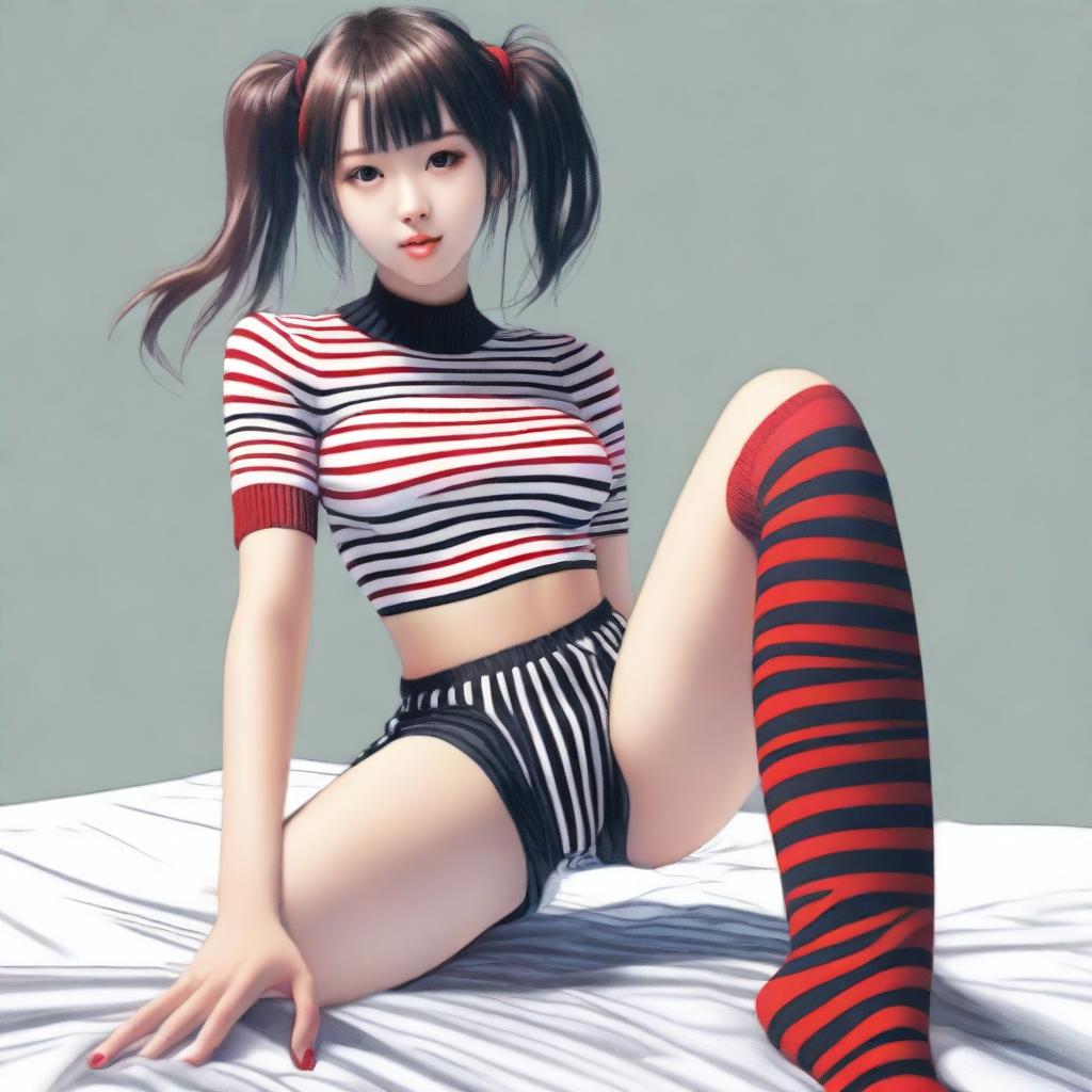 A realistic depiction of an Asian girl with a perfect body, viewed from below