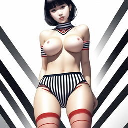 A realistic depiction of an Asian girl with a perfect body, viewed from below