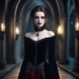 A female vampire dressed in luxurious velvet attire