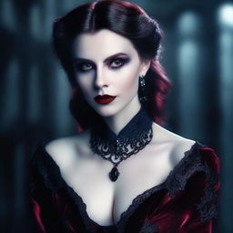 A female vampire dressed in luxurious velvet attire