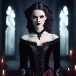 A female vampire dressed in luxurious velvet attire