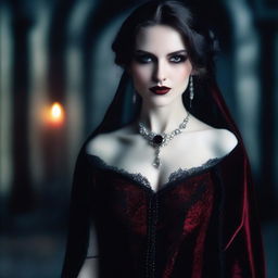 A female vampire dressed in luxurious velvet attire