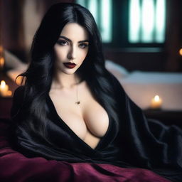 A seductive sorceress with big lips, a small nose, and long black hair lying on a bed