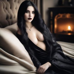 A seductive sorceress with big lips, a small nose, and long black hair lying on a bed