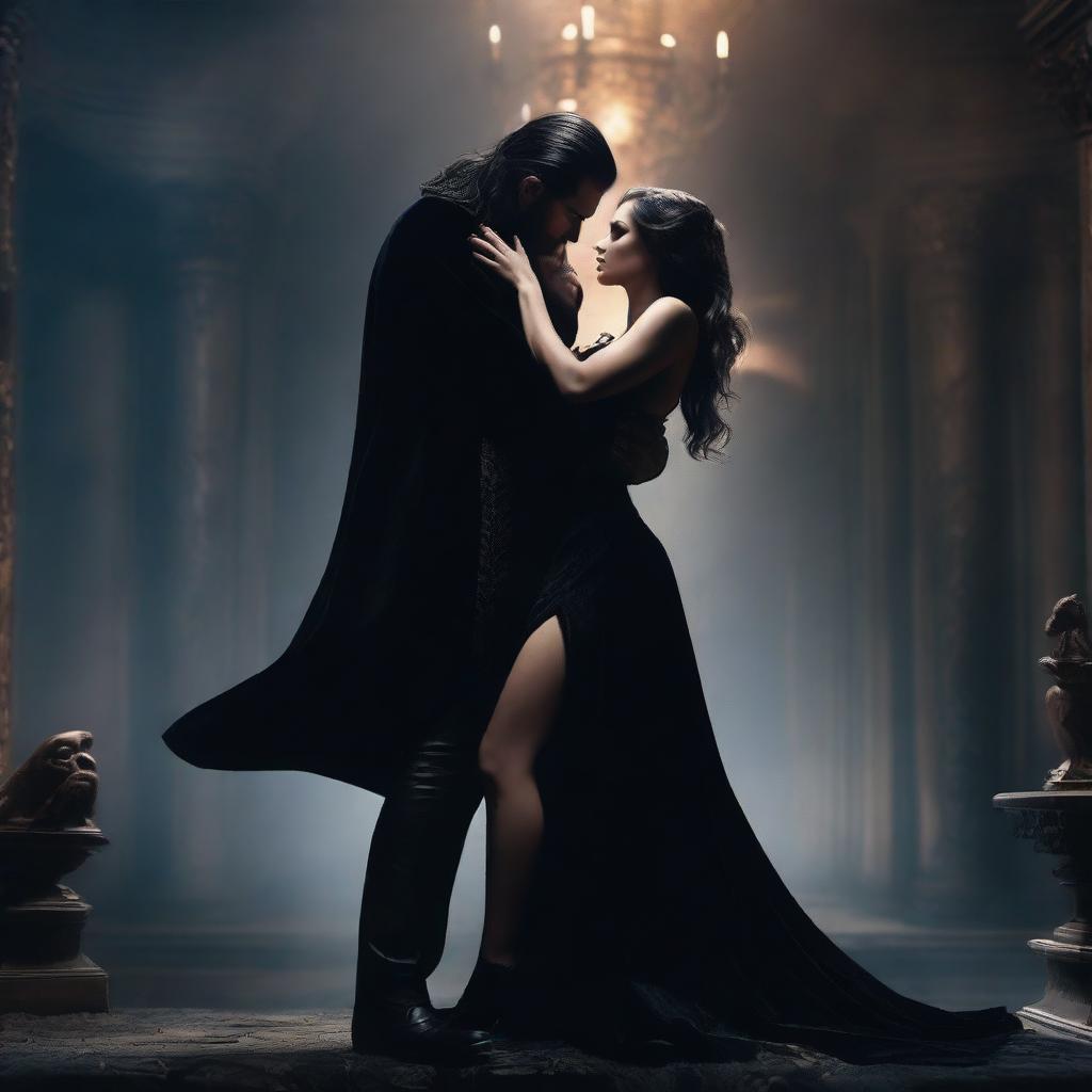 A sexy sorceress in a black velvet mini dress is positioned on top of a man