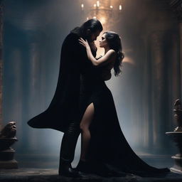 A sexy sorceress in a black velvet mini dress is positioned on top of a man