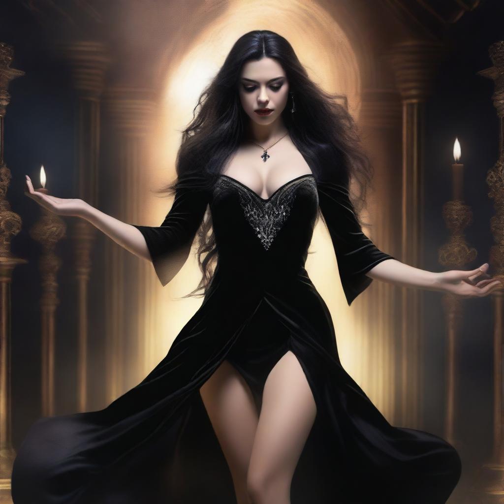 A sexy sorceress in a black velvet mini dress is positioned on top of a man